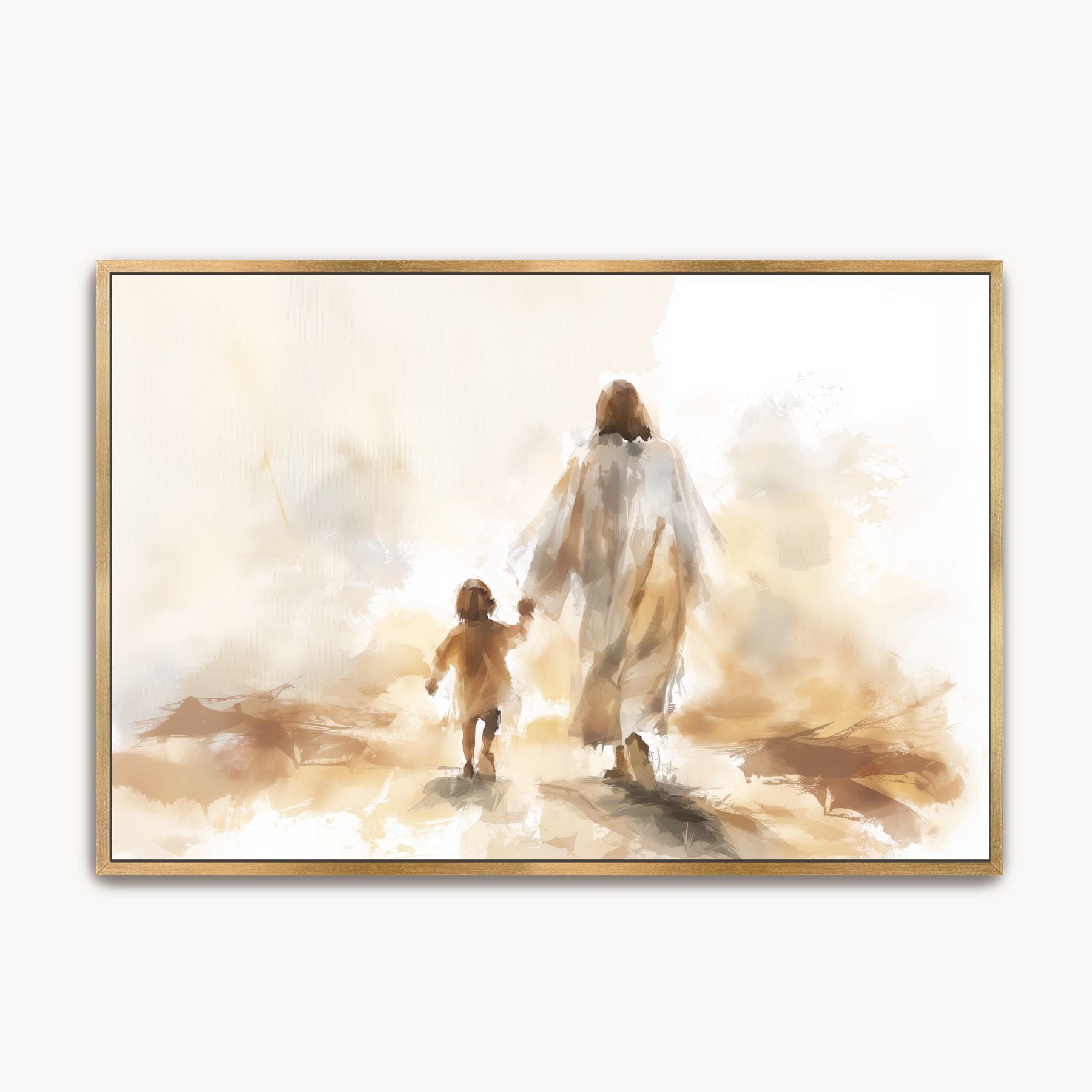 Framed artwork of Jesus and child walking together on a misty path. Earth tone wall art.