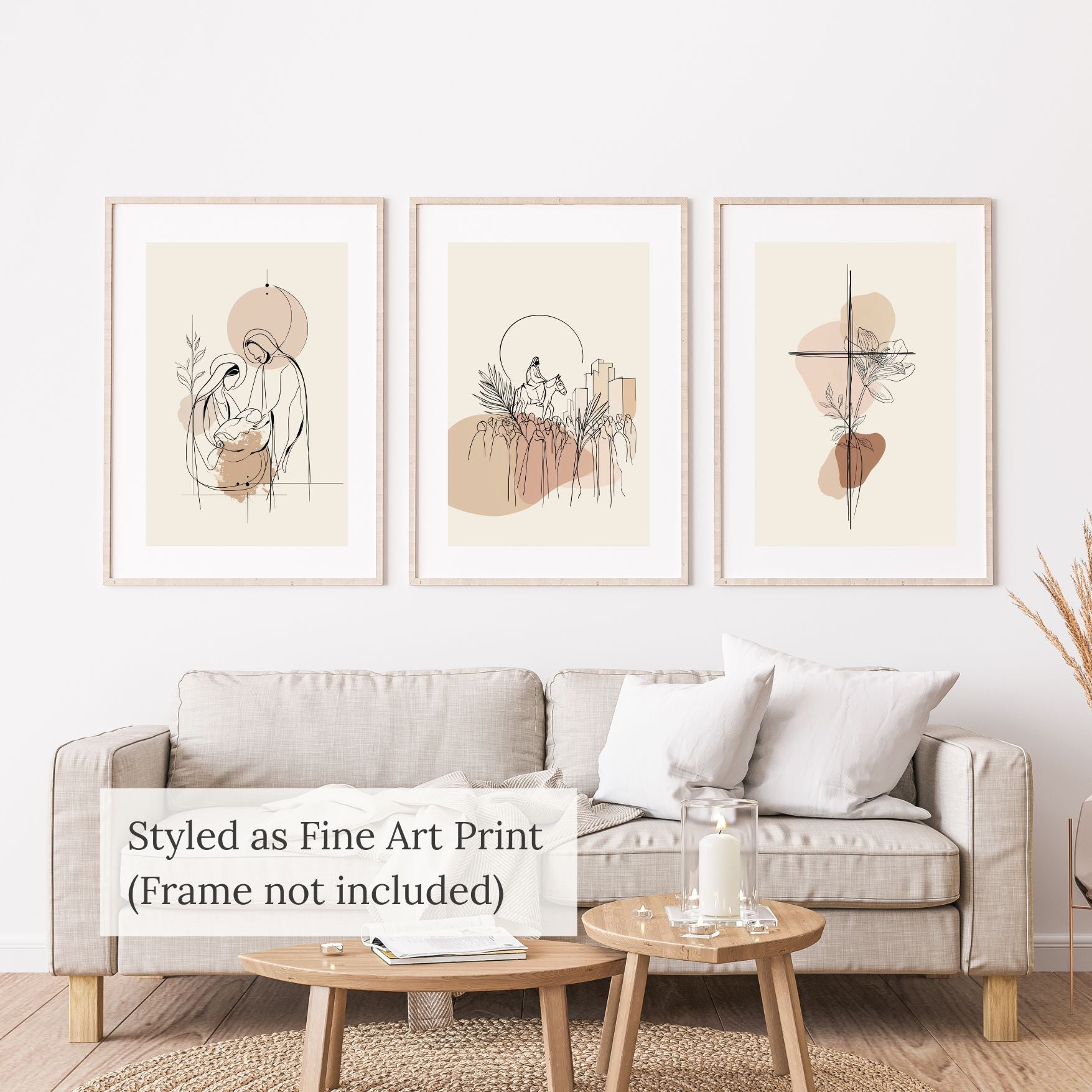Three framed abstract art prints on a wall above a sofa in a living room setting.