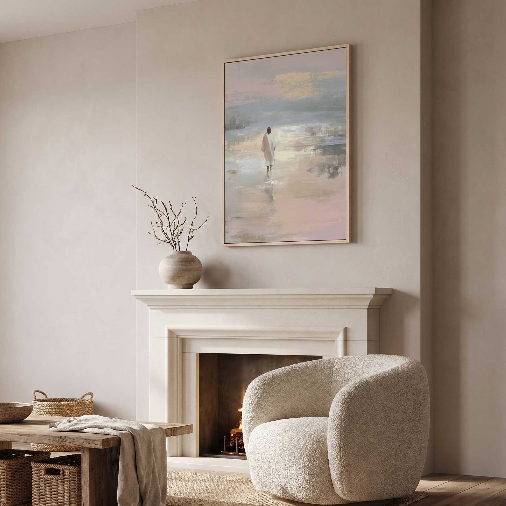 Framed christian artwork on Jesus Walking on the water displayed above a white fireplace in a neutral living room, with a cream armchair and wooden coffee table.