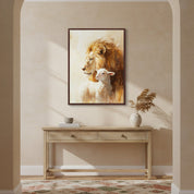 Christian Framed canvas of a lion and lamb on a wall above a wooden console table.