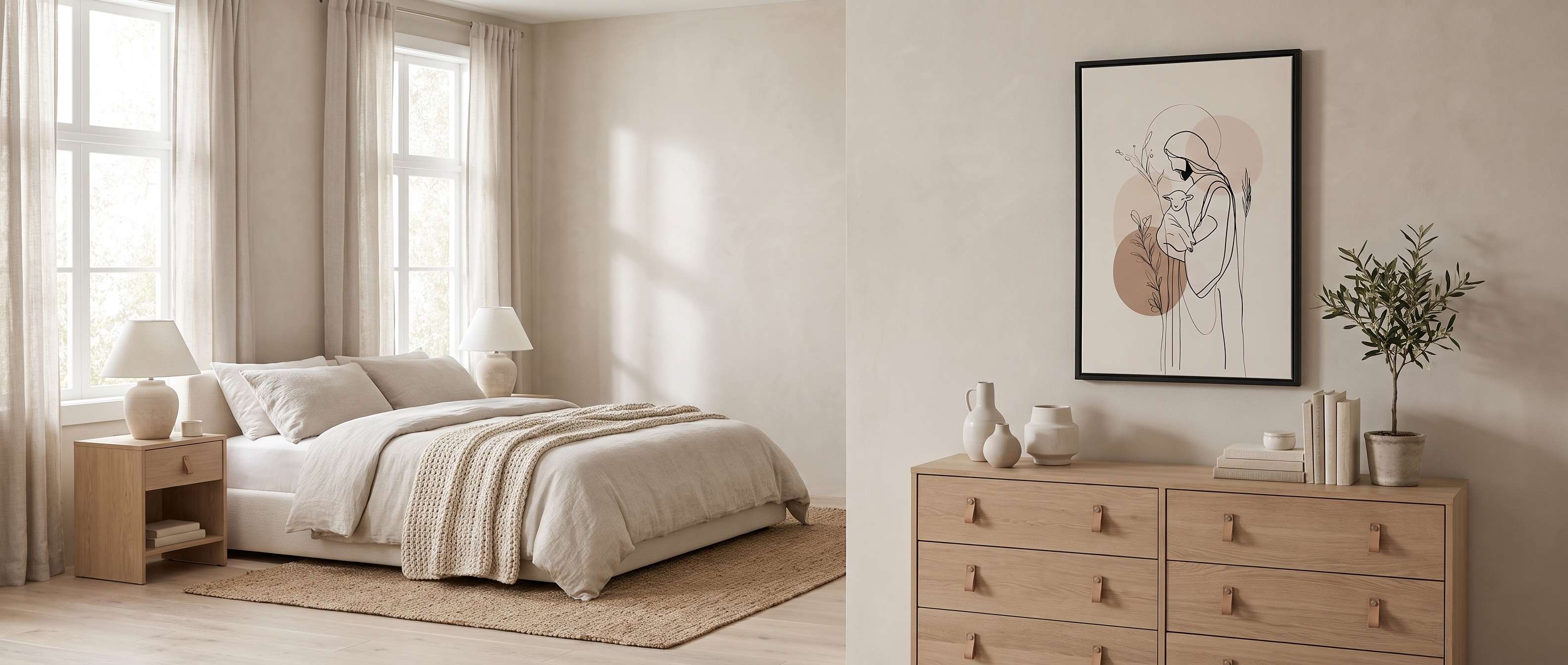 Lamb's Love framed Christian gospel-centered wall art celebrating new life in Christ, featuring a serene landscape painting displayed above a beige sofa in a modern living room setting.