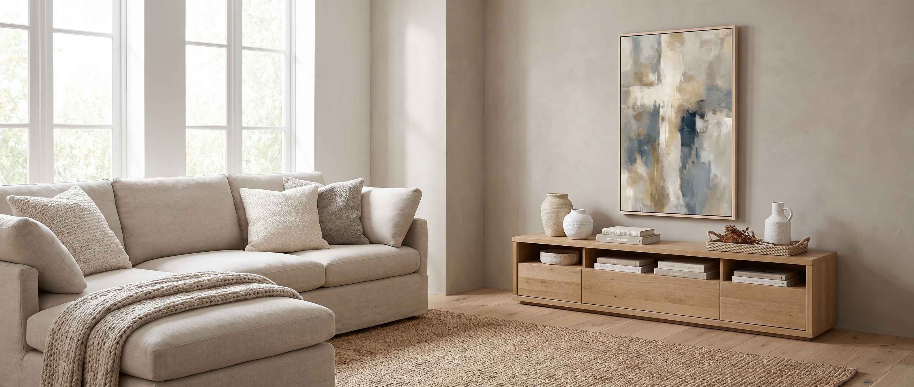Lamb's Love framed Christian gospel-centered wall art depicting Christ's redemption on the cross, displayed above a beige sofa in a modern living room setting.