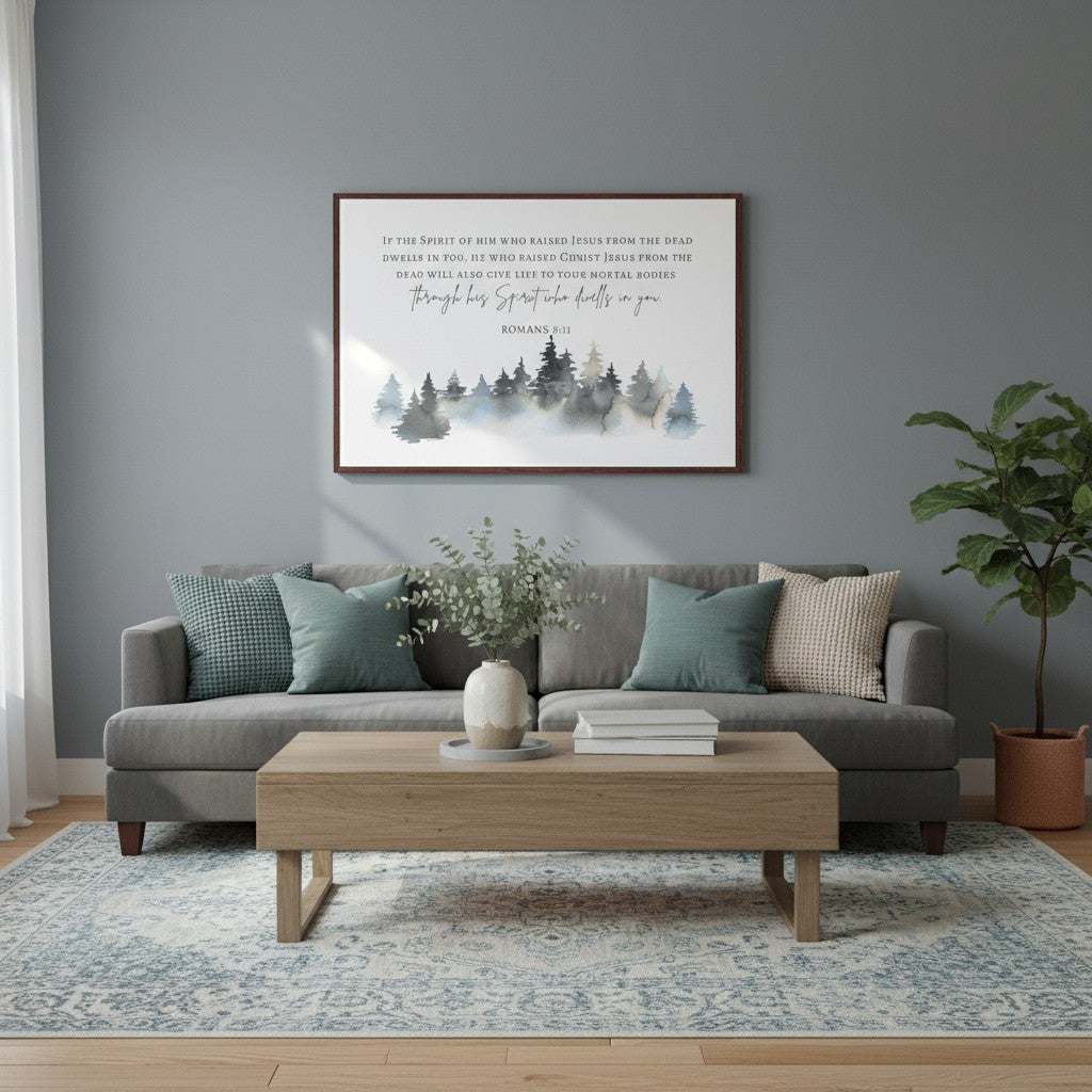 “Romans 8:11 Scripture forest canvas wall art styled above a modern gray sofa.”