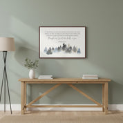 Romans 8:11 watercolor forest canvas displayed above a console table in a bright room.