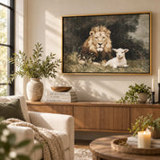 Lion and lamb Christian wall art displayed in a modern living room, featuring a peaceful biblical scene with soft neutral tones.