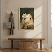 Lion of Judah Christian wall art displayed above a wooden entryway bench, featuring a majestic lion looking upward in a warm vintage farmhouse entryway.