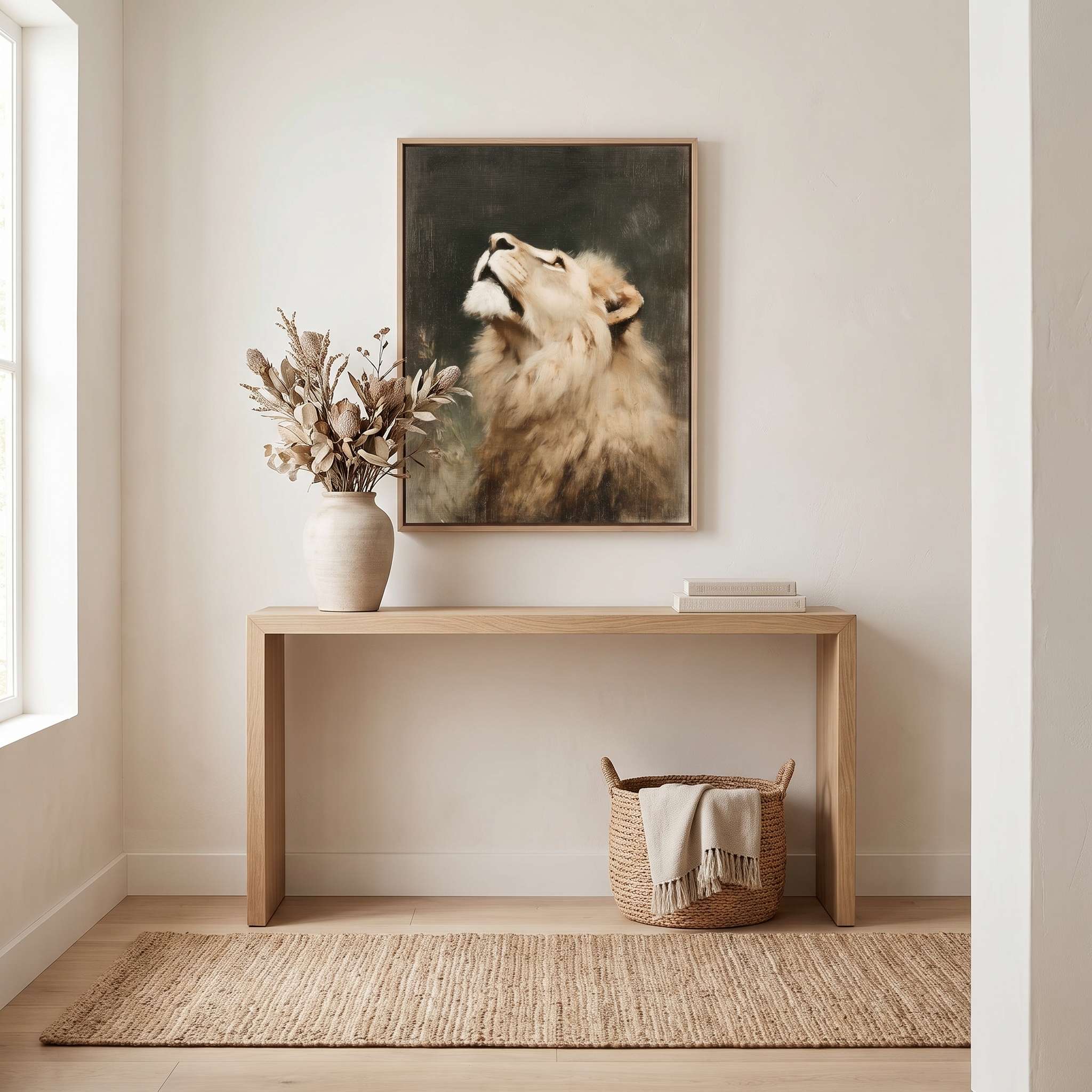 Lion of Judah Christian wall art displayed above a wooden entryway bench, featuring a majestic lion looking upward in a warm vintage farmhouse entryway.