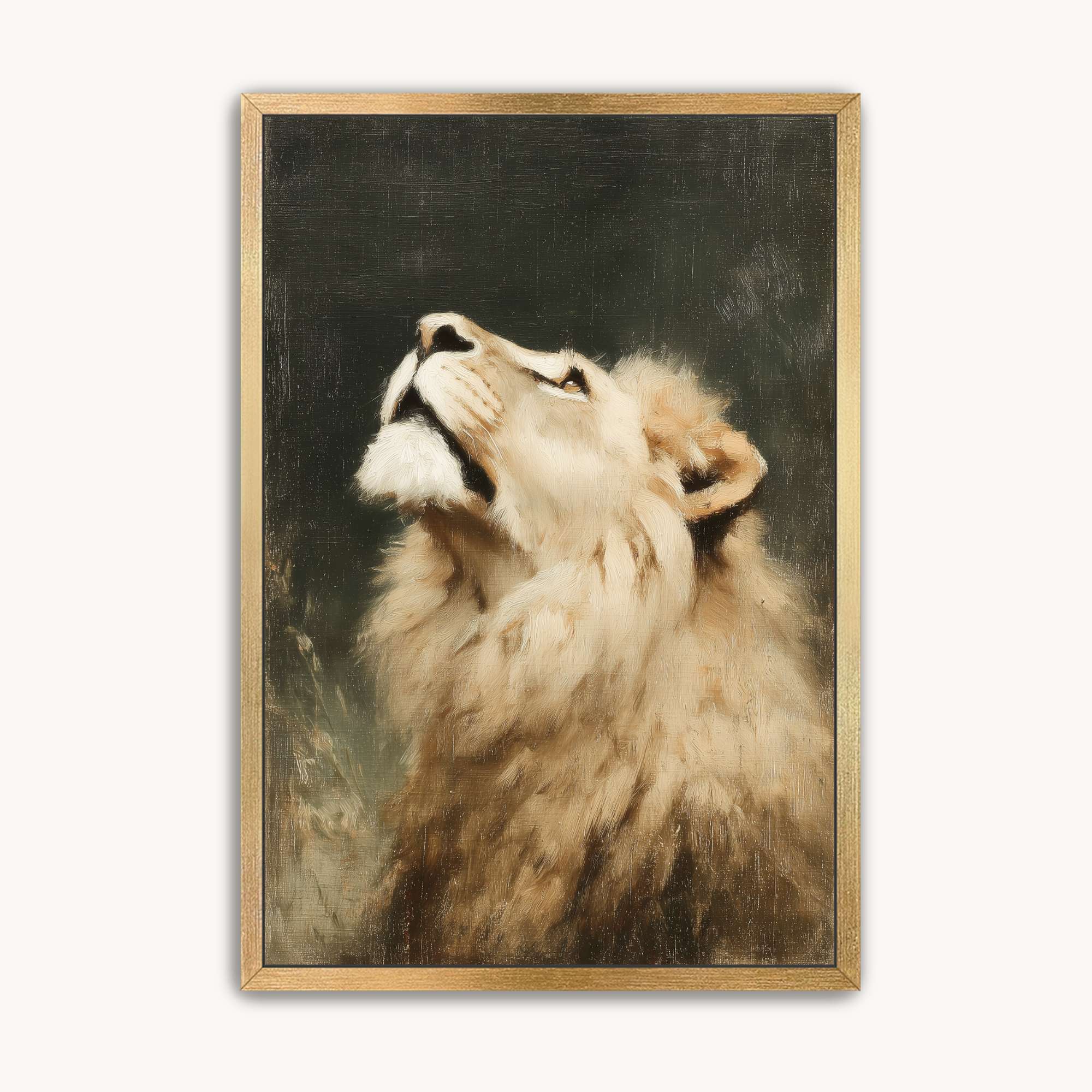 Vintage-style Lion of Judah Christian wall art featuring Jesus as a majestic lion looking upward, symbolizing hope, Christ's victory, and trust in God.