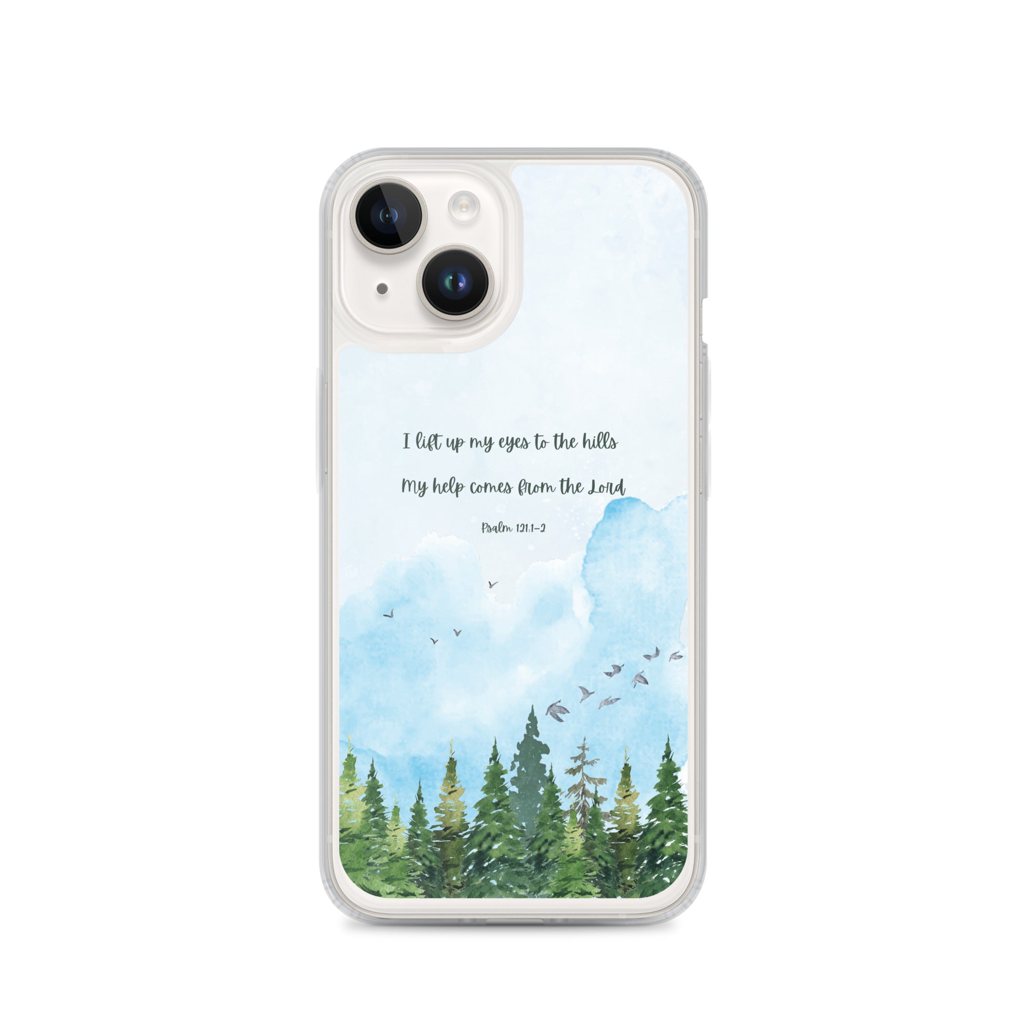 Phone case with nature design and Bible verse on a white background