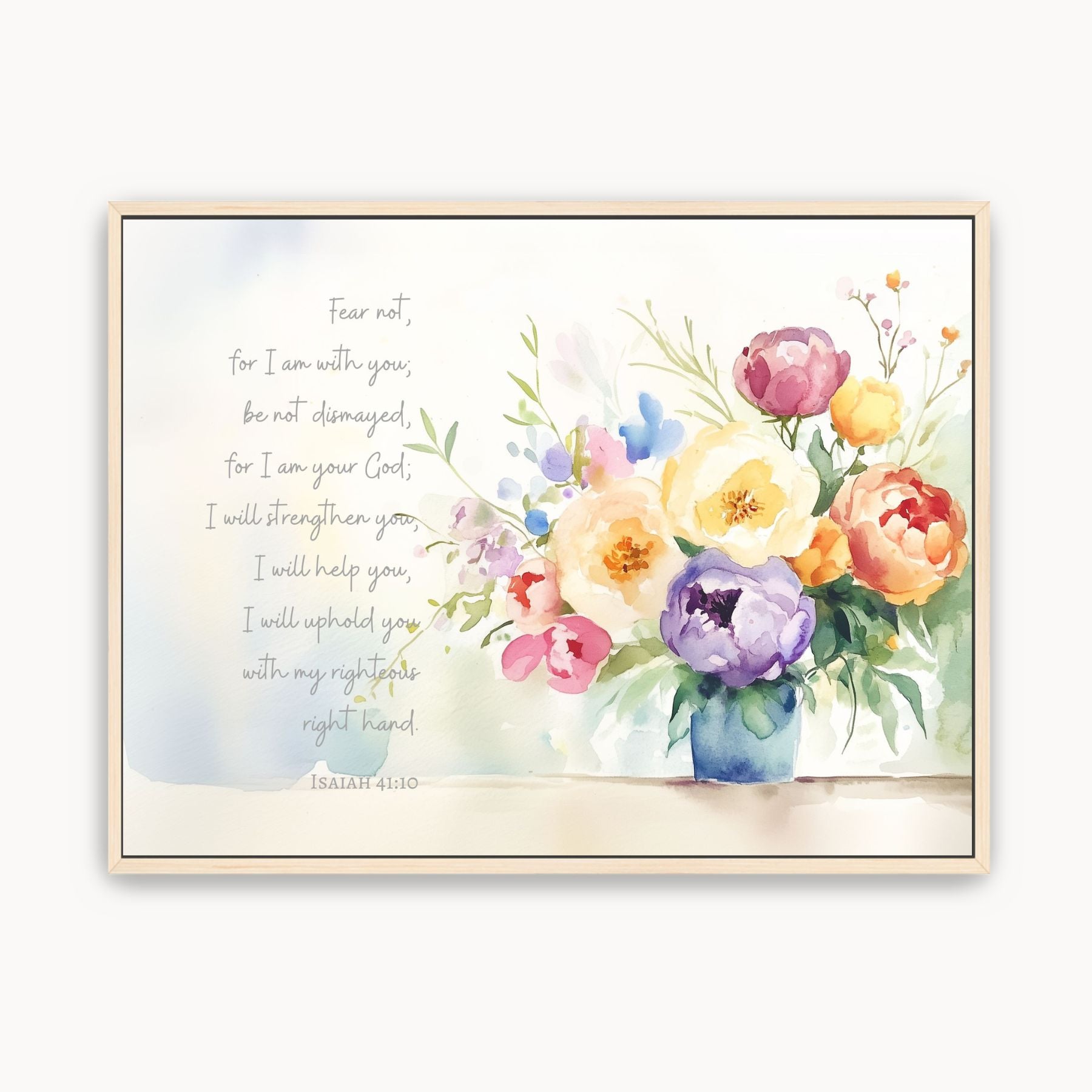 Framed canvas with colorful floral bouquet and inspirational scripture on a white background