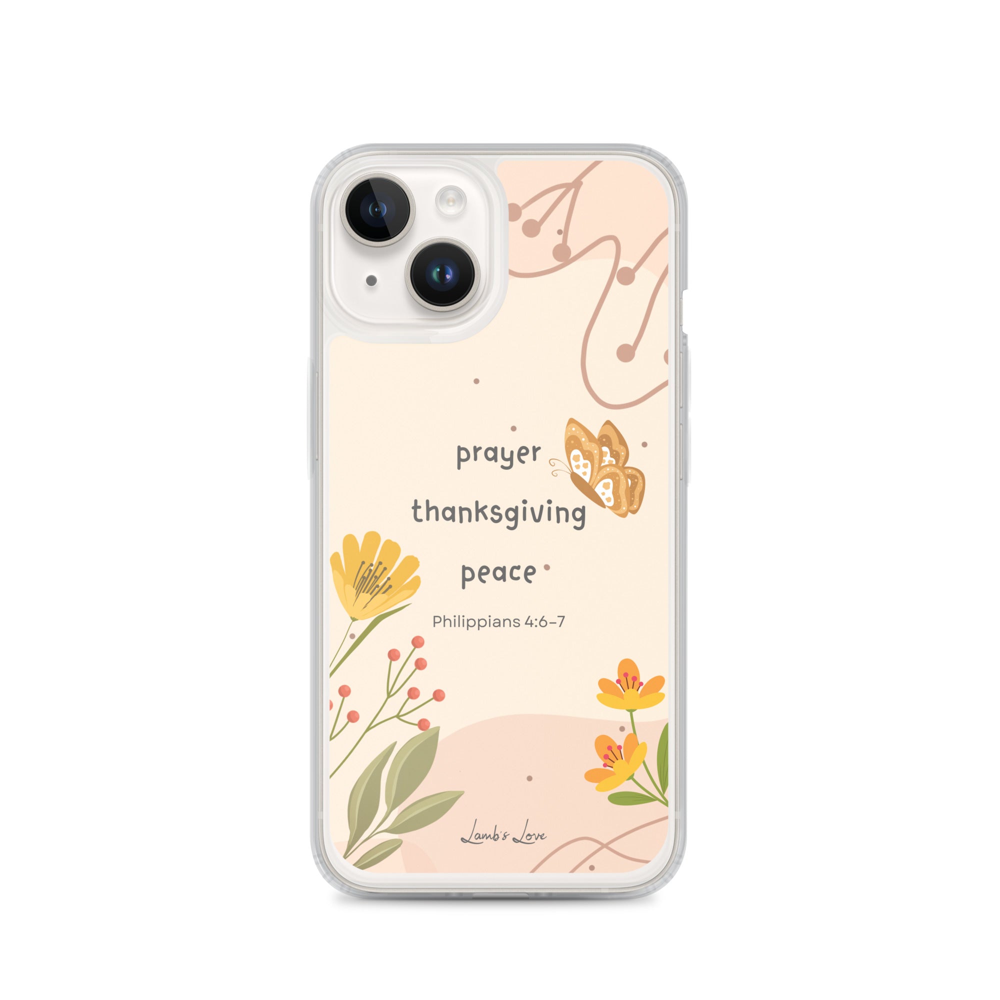 Phone case with floral design and text on a white background
