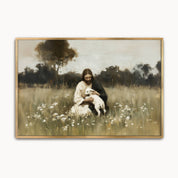 Vintage Christian wall art featuring Jesus resting in a peaceful meadow while gently holding a lamb, symbolizing the Good Shepherd's peace, protection, and tender care for His people.