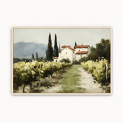 Vintage Christian landscape wall art featuring a peaceful vineyard and countryside home, symbolizing abiding in Christ, spiritual growth, and God's faithful provision.
