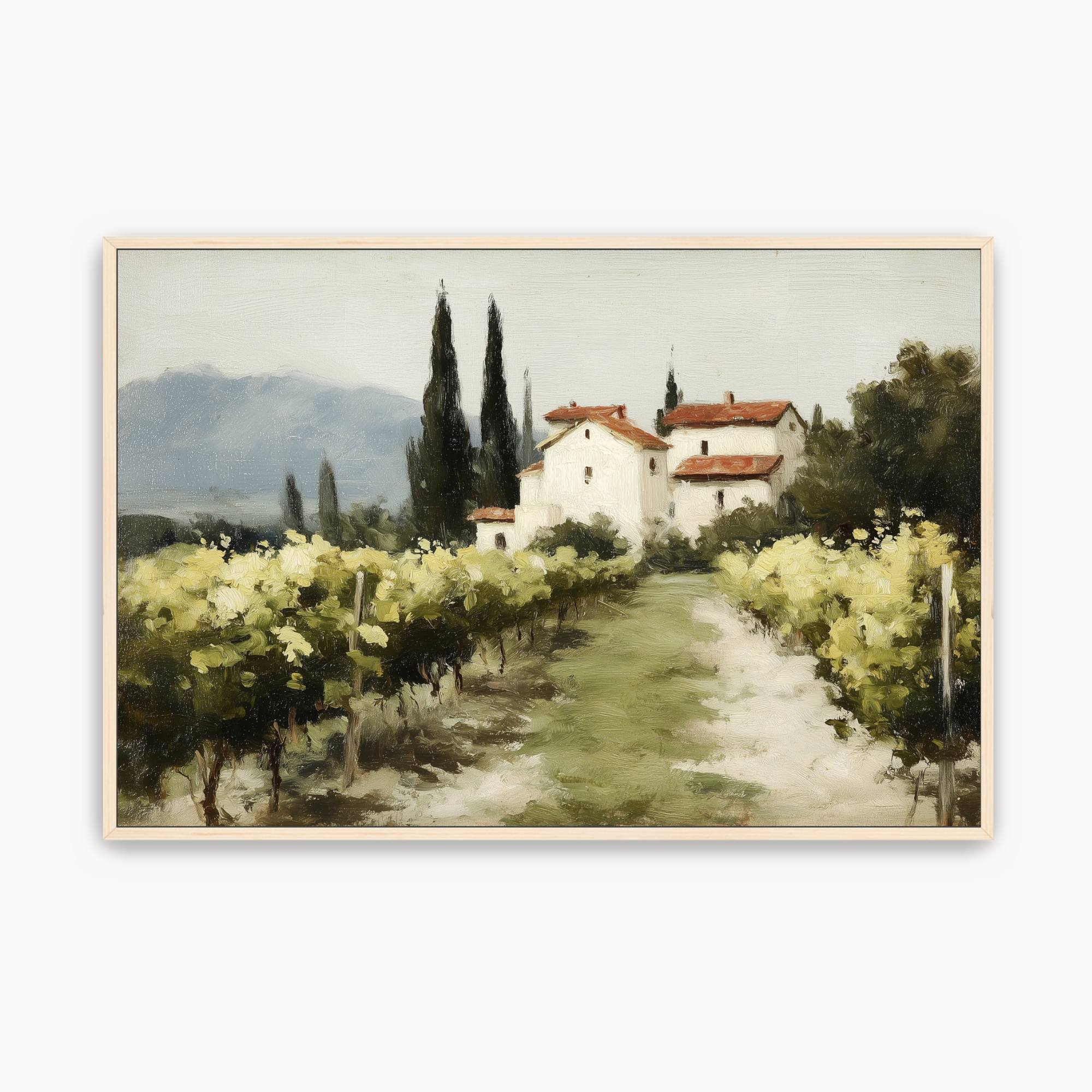 Vintage Christian landscape wall art featuring a peaceful vineyard and countryside home, symbolizing abiding in Christ, spiritual growth, and God's faithful provision.