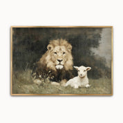 Vintage Christian wall art featuring the Lion of Judah beside the Lamb of God, symbolizing Jesus Christ as both the sacrificial Savior and the victorious King.