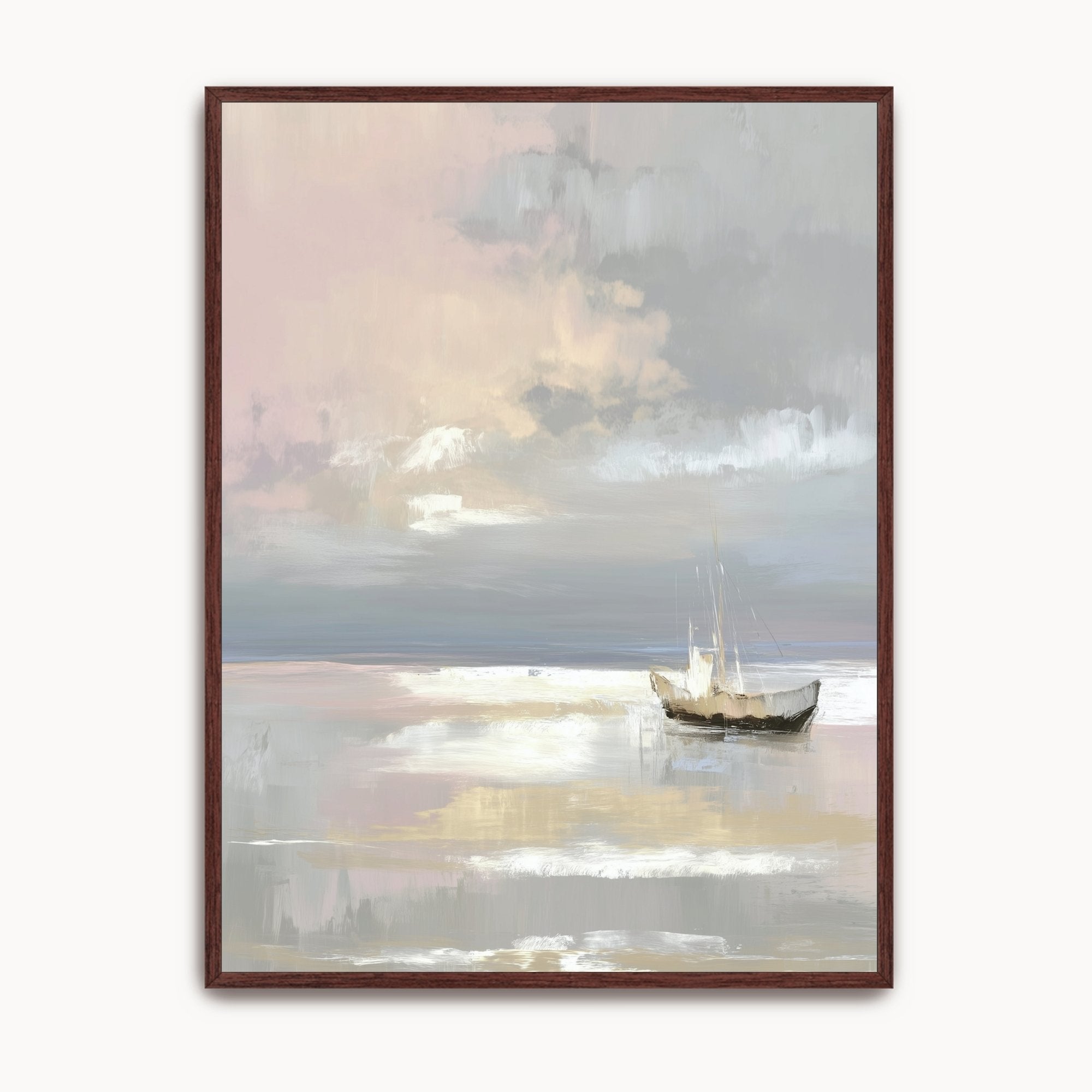 Framed Christian seascape wall art inspired by Psalm 95:5, showing a small sailboat on calm water beneath a soft pastel sky.