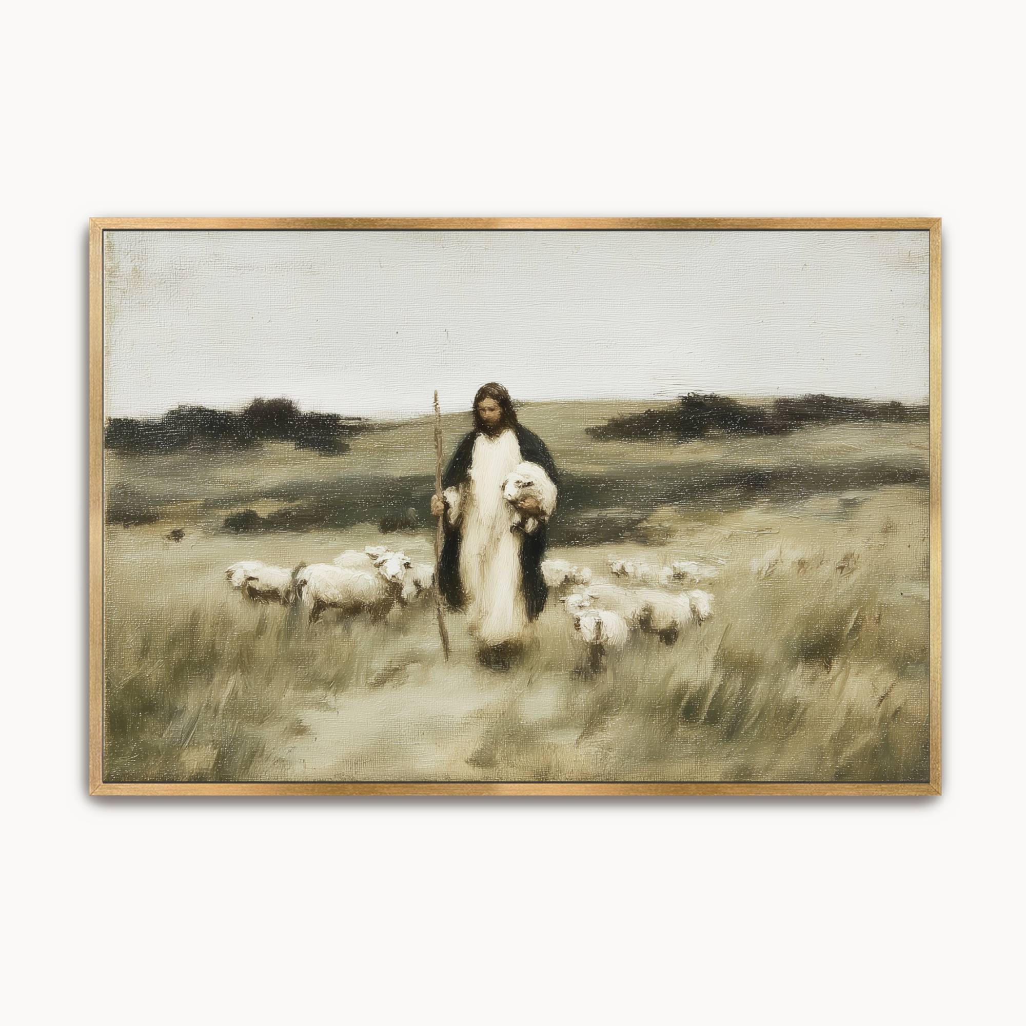 Vintage Christian wall art featuring Jesus, the Good Shepherd, walking with His flock while carrying a lamb, symbolizing Christ's guidance, protection, and faithful care.