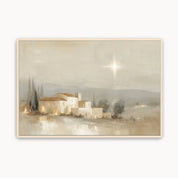 Vintage Christmas Christian wall art featuring the Star of Bethlehem shining above the town of Bethlehem, celebrating the birth of Jesus Christ and the hope of Christmas.
