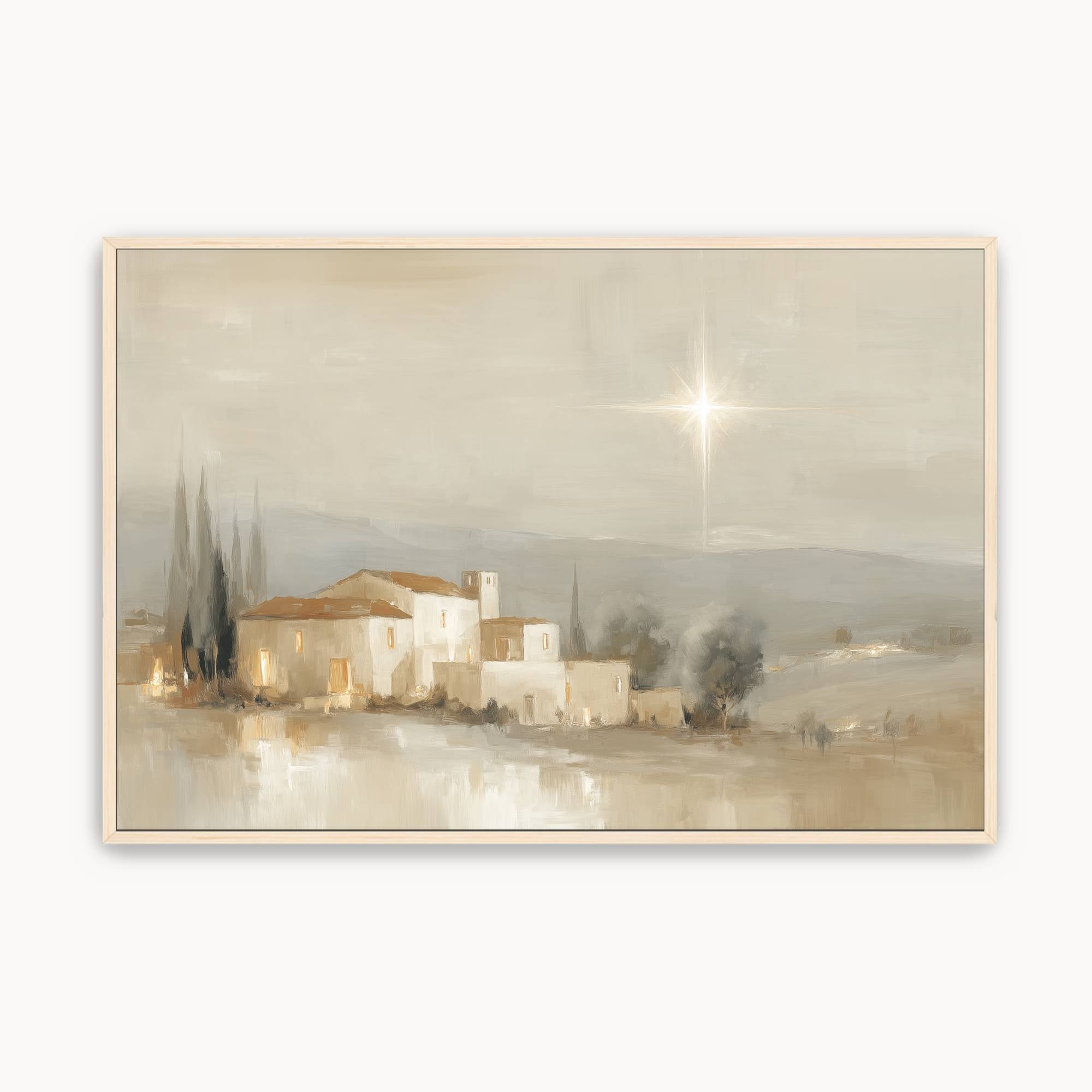 Vintage Christmas Christian wall art featuring the Star of Bethlehem shining above the town of Bethlehem, celebrating the birth of Jesus Christ and the hope of Christmas.