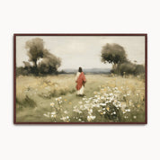 Vintage Christian wall art featuring Jesus walking through a peaceful meadow of wildflowers, symbolizing walking by faith, following Christ, and finding peace in His presence.