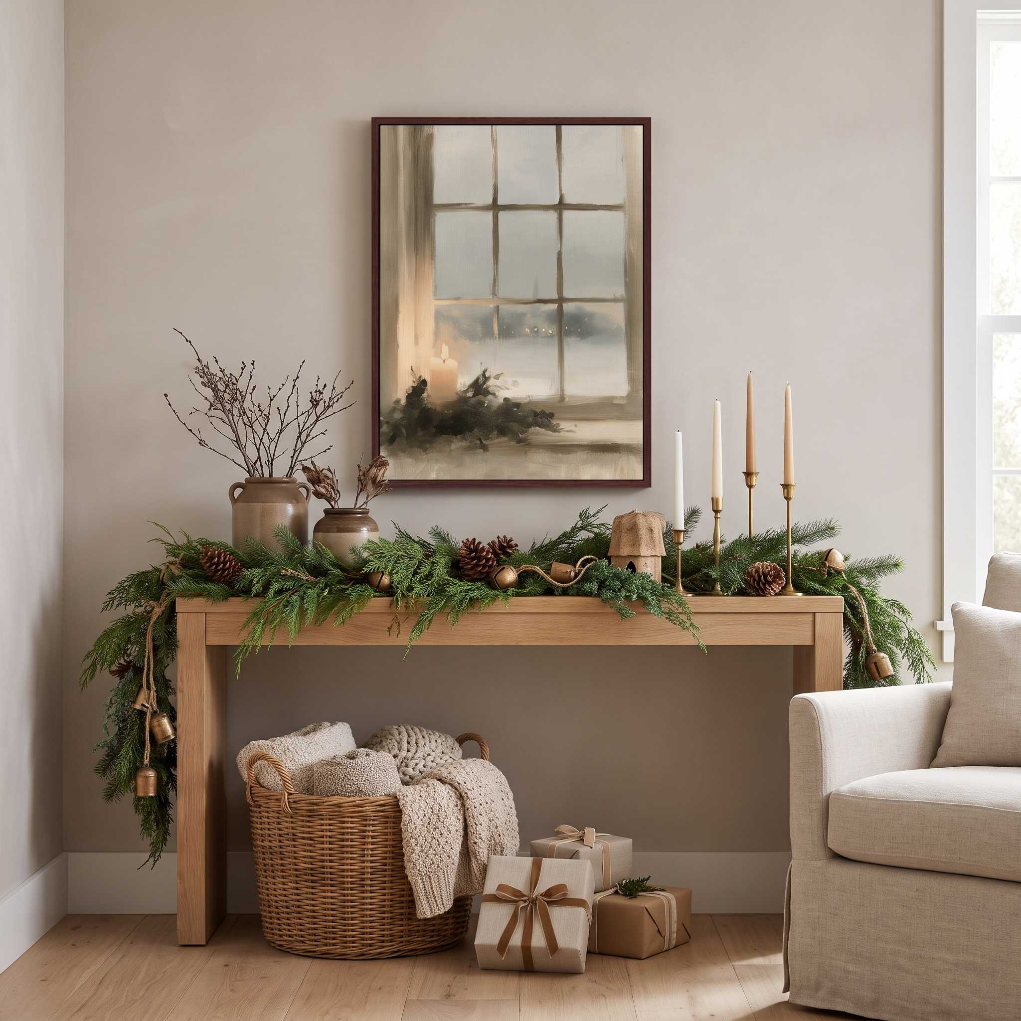 Framed Christmas candle and winter window wall art above a light wood console with greenery, wrapped gifts, and a basket of blankets.