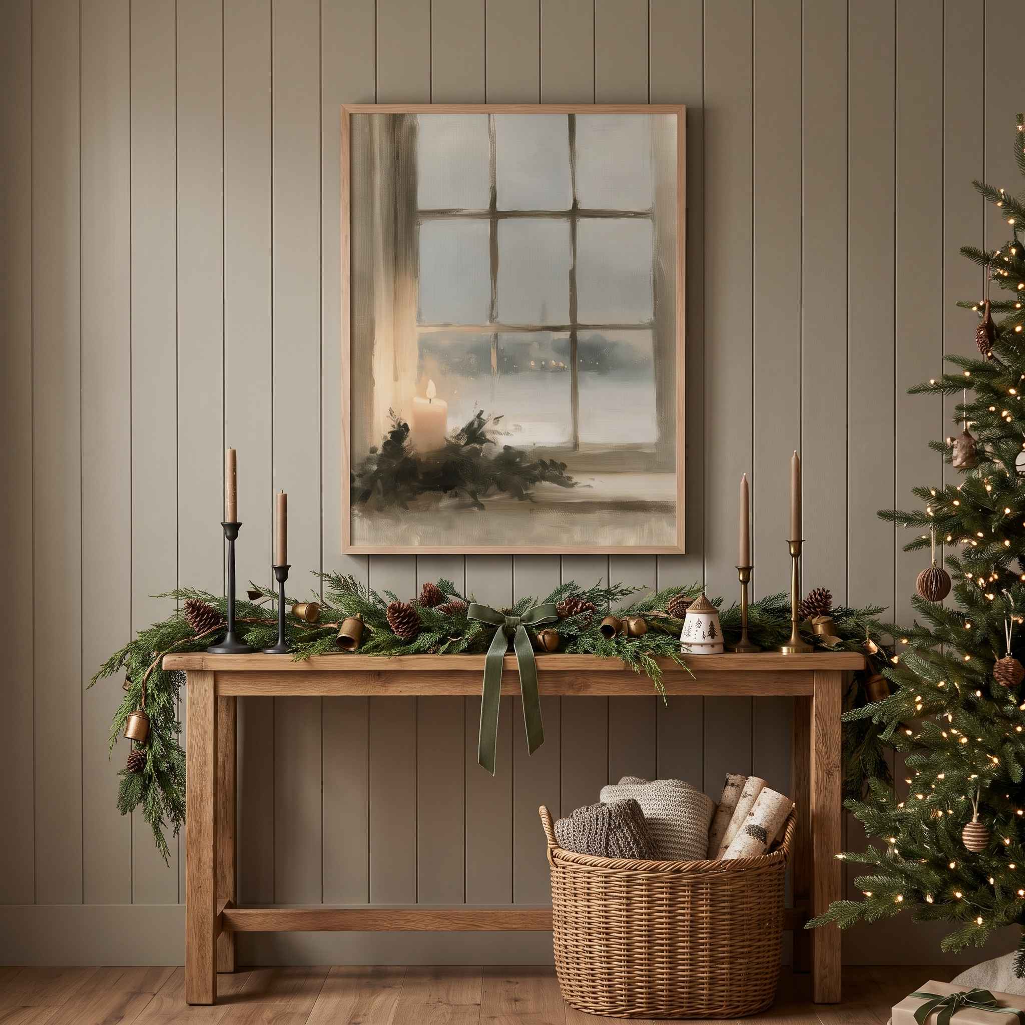 Vintage Christian Christmas wall art featuring a candlelit snowy window, displayed above a garland-covered console beside a lit Christmas tree.