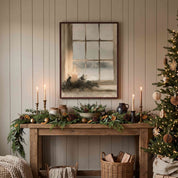 A Light of Christmas Hope framed candle and snowy window art above a rustic console with evergreen garland beside a Christmas tree.