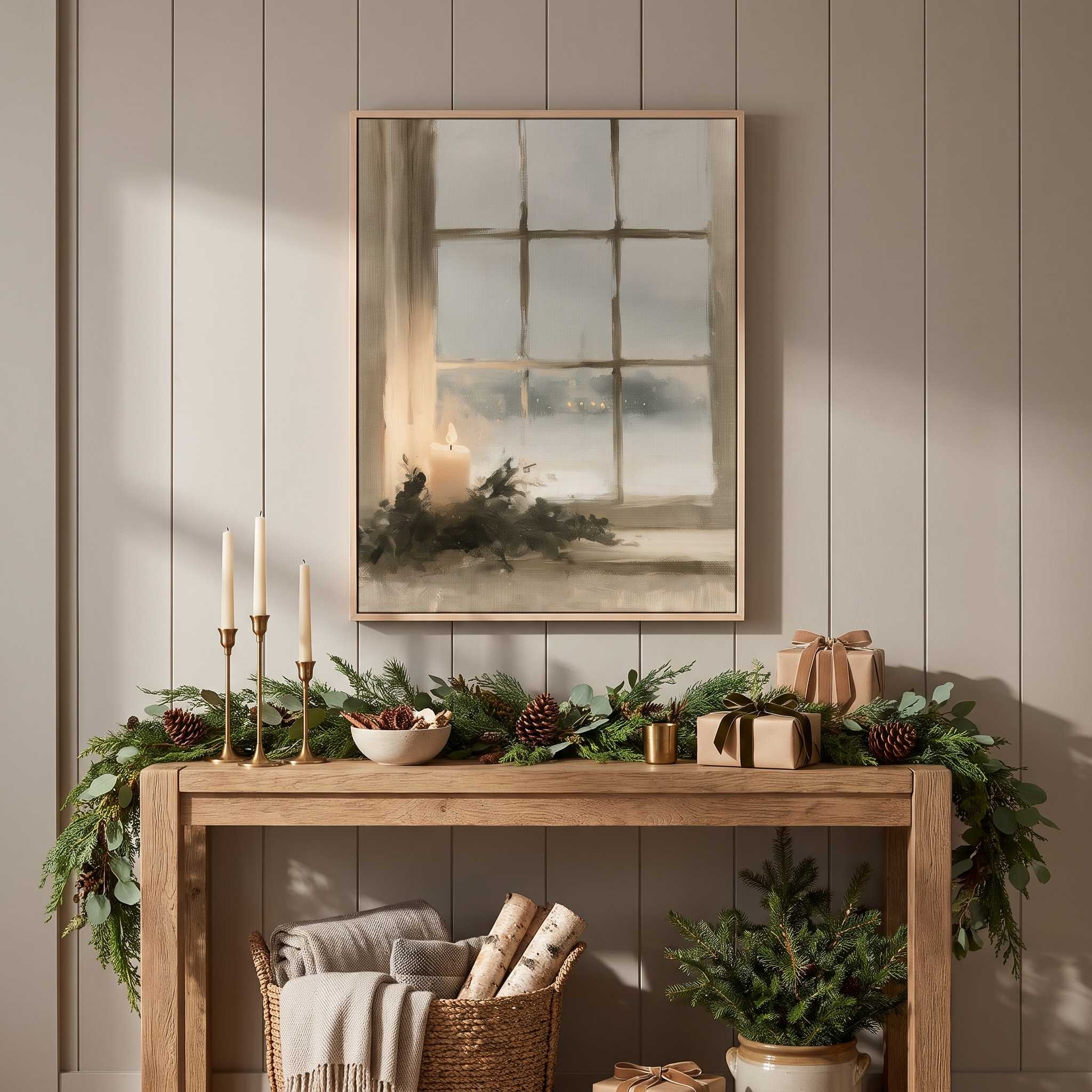 A Light of Christmas Hope in a light wood frame above an entryway console decorated with Christmas greenery, candles, and gifts.