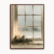 Vintage Christian Christmas wall art with a glowing candle and evergreen branches by a snowy window, shown in a dark wood frame.