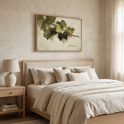 Abide in Me Christian wall art displayed above a bed in a serene bedroom, featuring a vintage grapevine design inspired by John 15 in a peaceful, modern farmhouse setting.