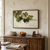 Abide in Me Christian wall art displayed above a rustic wooden dining room sideboard, featuring a vintage grapevine design inspired by John 15 in a warm farmhouse dining space.