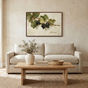 Abide in Me Christian wall art displayed above a modern living room sofa, featuring a vintage grapevine design inspired by John 15 in a bright, minimalist home.