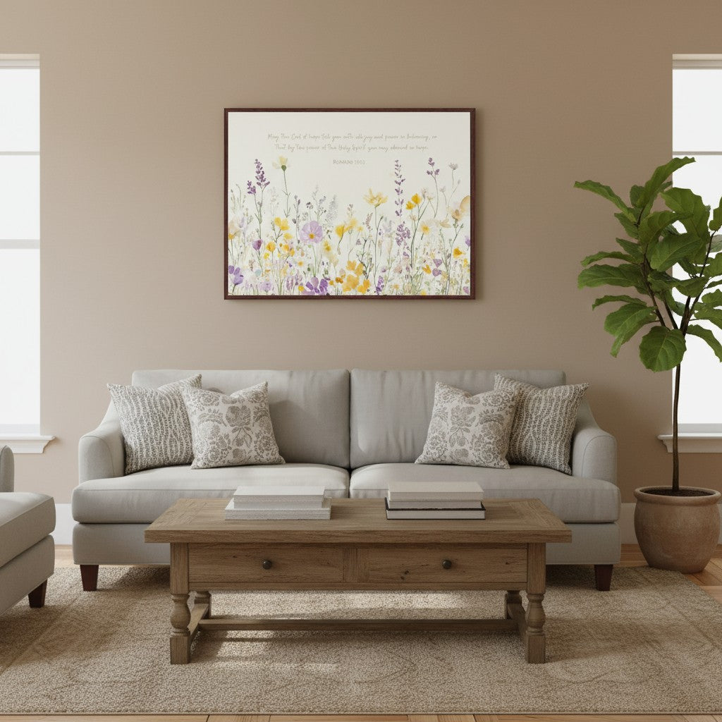 Framed Scripture art of lavender and yellow watercolor wildflowers with Romans 15:13 displayed above a sofa in a neutral-toned room.