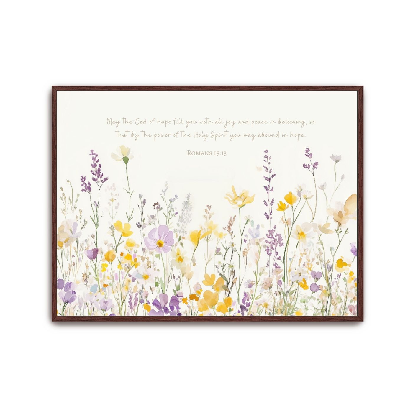 Watercolor wildflower Christian canvasfeaturing Romans 15:13, “May the God of hope fill you with all joy and peace,” in lavender and yellow hues.