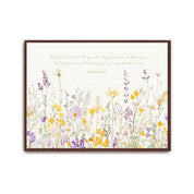 Watercolor wildflower Christian canvasfeaturing Romans 15:13, “May the God of hope fill you with all joy and peace,” in lavender and yellow hues.