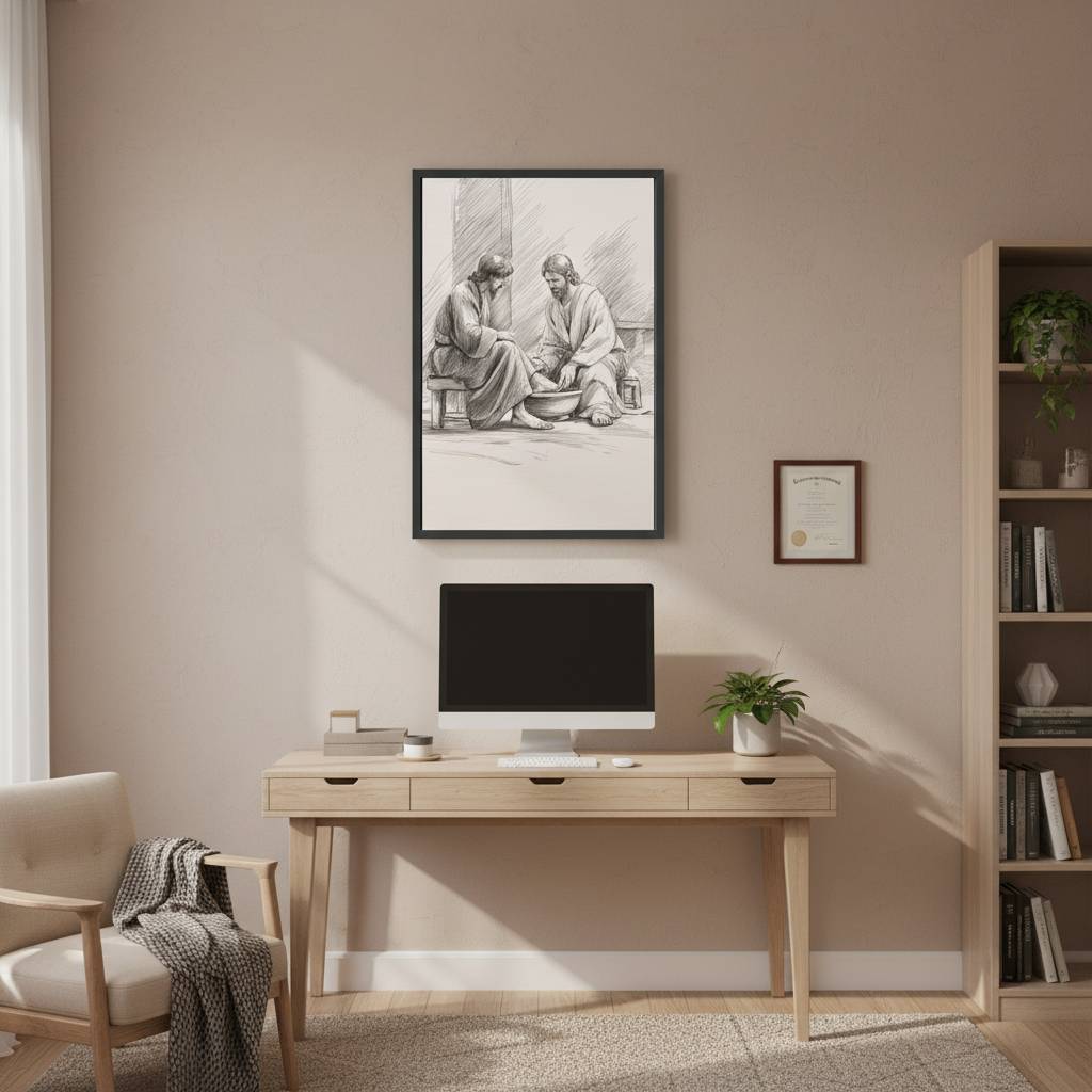 Jesus Washing Foot Wall Art | Minimalist Christian Line Art Sketch