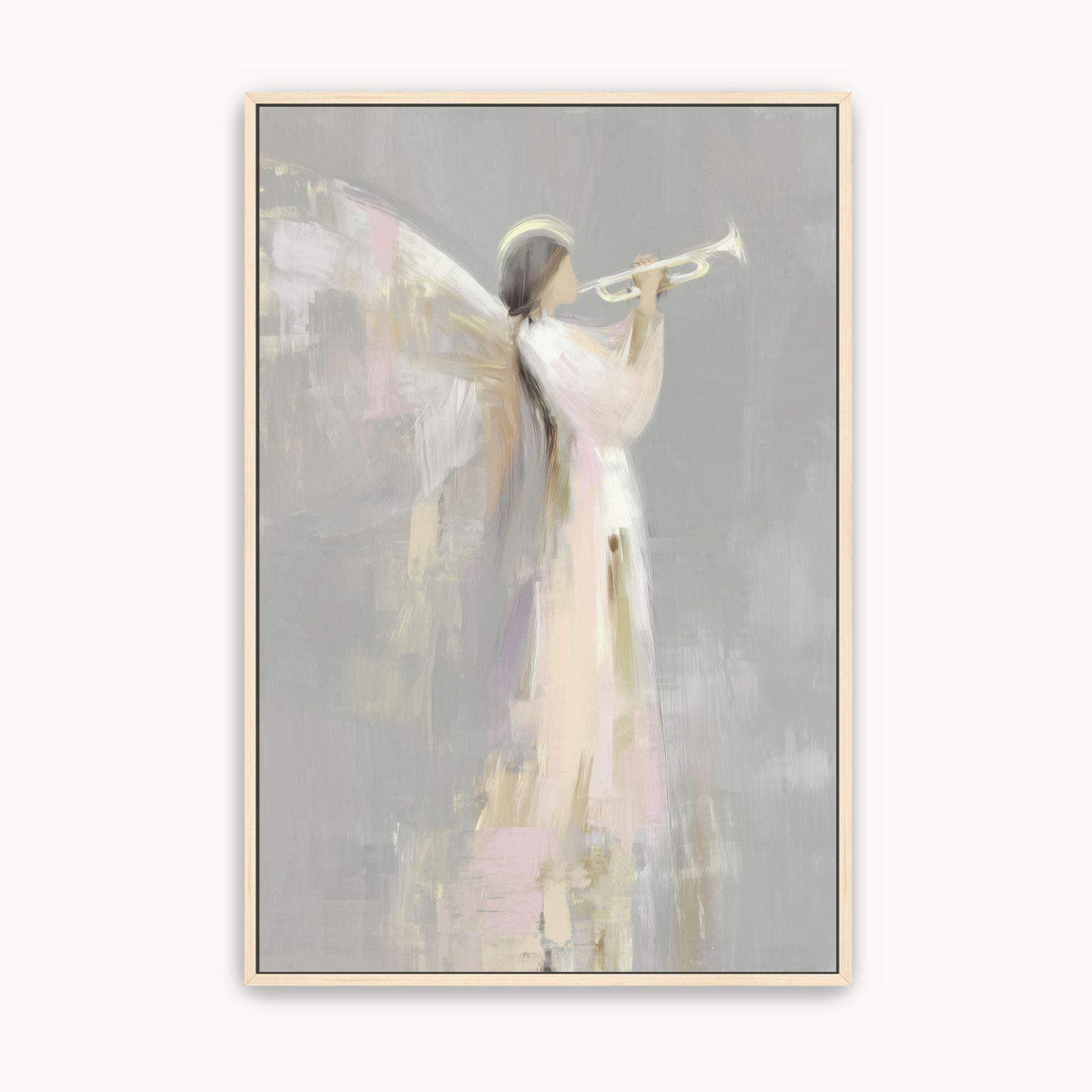 Watercolor Christian wall art of an angel blowing a trumpet in soft pastel tones