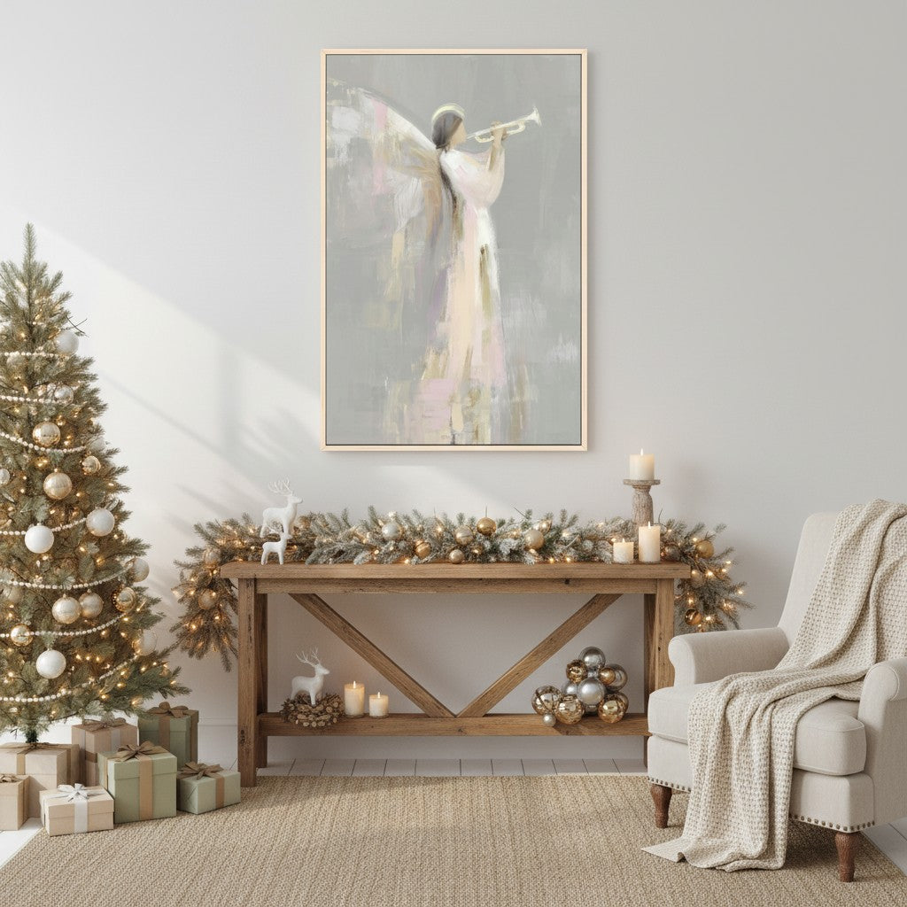 Heavenly angel with trumpet wall art in a bright living room, adding soft Christmas ambiance.