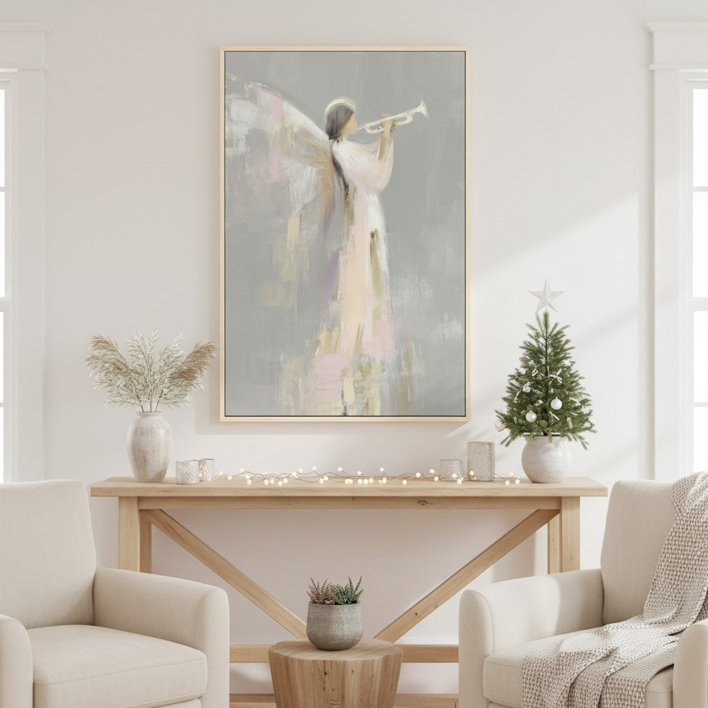 Close-up of angel with trumpet Christmas wall art displayed on a shelf with soft warm lighting.