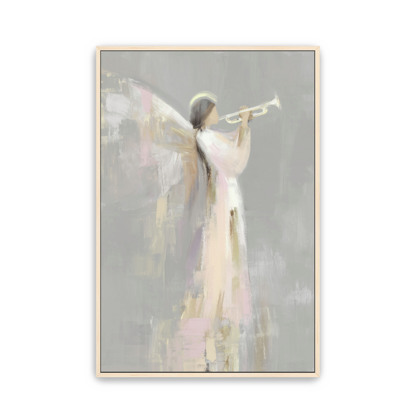 Angel with trumpet Christian Christmas artwork on a neutral wall with soft gold and cream tones.