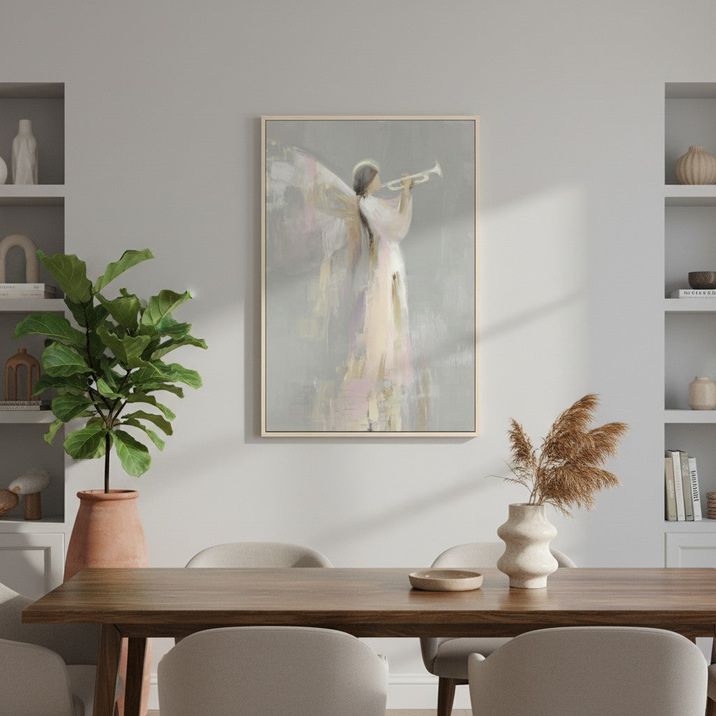 Angel with trumpet Christmas canvas styled above a mantel with holiday decorations.