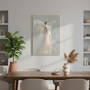 Angel with trumpet Christmas canvas styled above a mantel with holiday decorations.