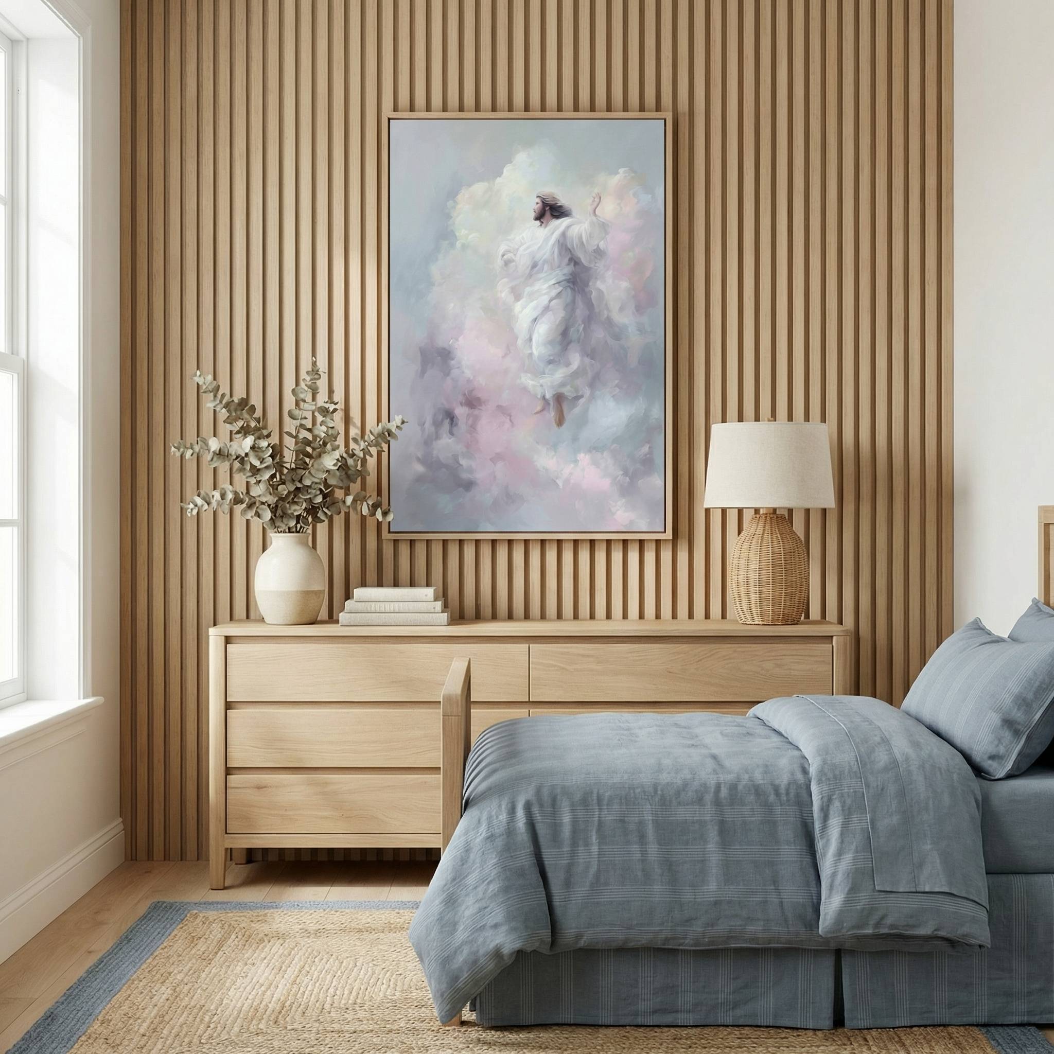 Ascension of Christ canvas in heavenly clouds displayed in a peaceful modern bedroom setting.