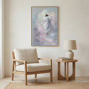 Ascension of Christ Christian canvas displayed in a modern neutral living room above a sofa, soft pastel heavenly artwork.
