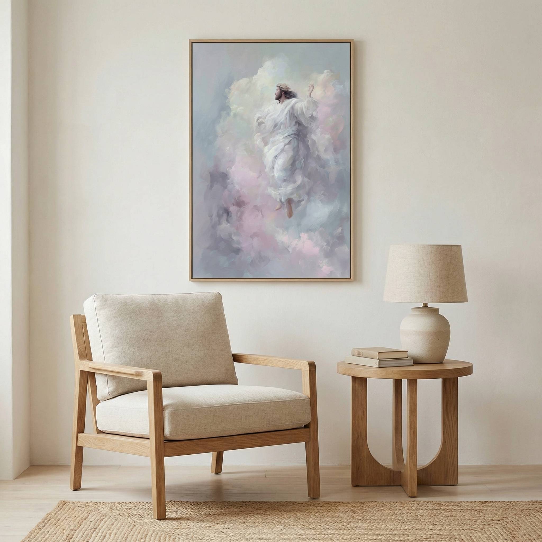 Ascension of Christ Christian canvas displayed in a modern neutral living room above a sofa, soft pastel heavenly artwork.