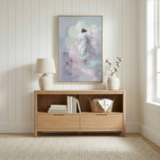 Ascension of Christ Christian wall art displayed in a modern neutral living room above a wooden console table with soft natural light.