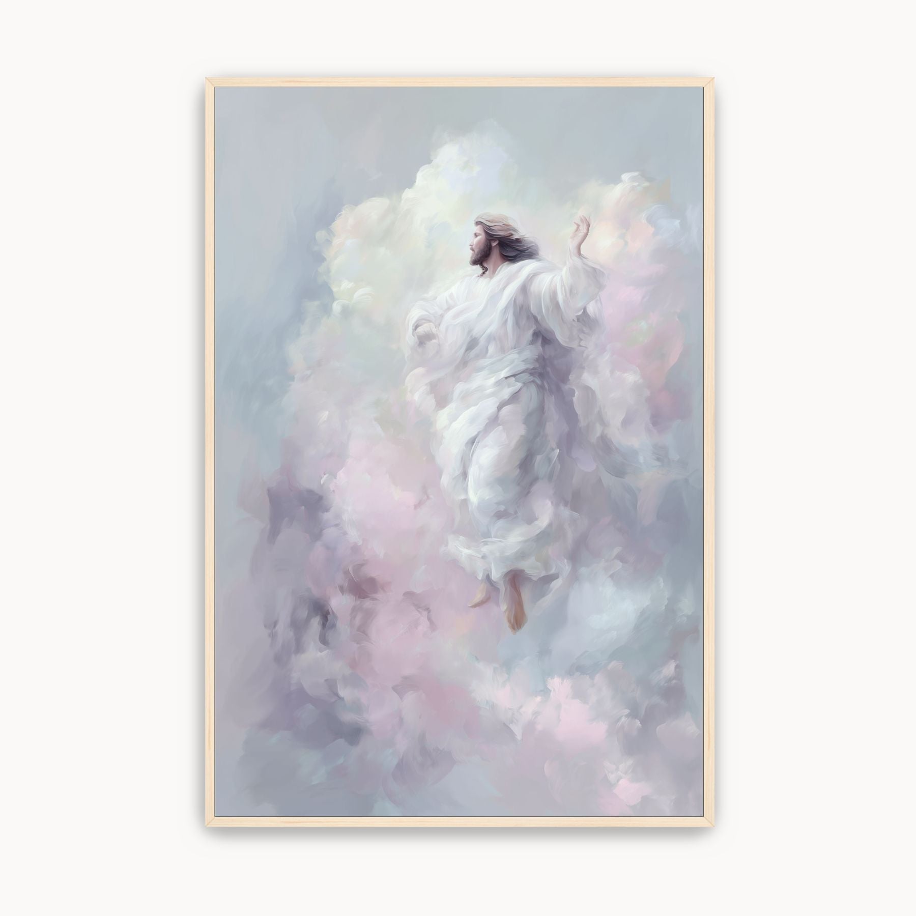 Ascension of Christ Christian wall art featuring Jesus rising in heavenly clouds in soft pastel tones, modern faith-based canvas decor.