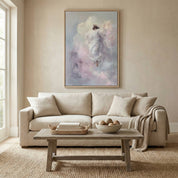 Ascension of Christ wall art in a minimalist modern Christian home interior with warm wood accents.