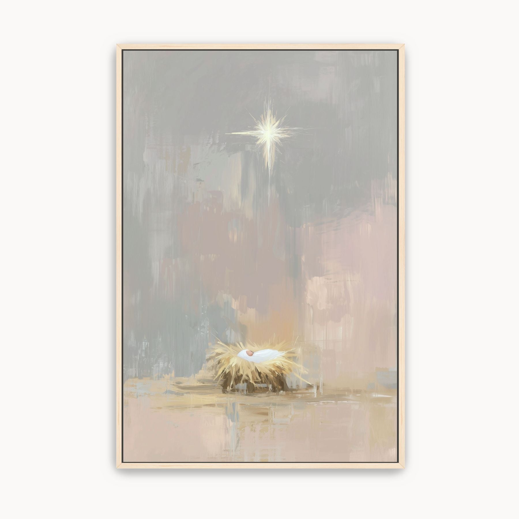 Baby Jesus resting in a manger beneath a soft glow, shown in watercolor Nativity wall art for Christian Christmas decor.