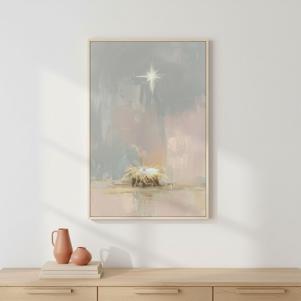 Baby Jesus in the Manger Christian Christmas wall art featuring the newborn Savior resting peacefully under the shining star.